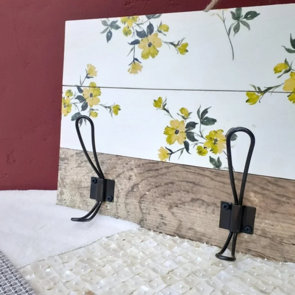 Rustic Farmhouse Wall Hanging Hooks Yellow Flower USA Made Gift Idea NEW